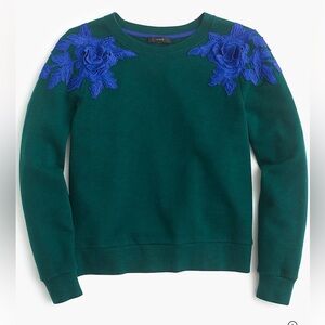 J.crew emerald green long sleeve Sweatshirt with blue rose floral appliqué sz L